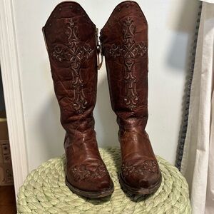 Cavender’s Brown Leather Embroidered Cross Boho Western Tall Cowgirl Boots